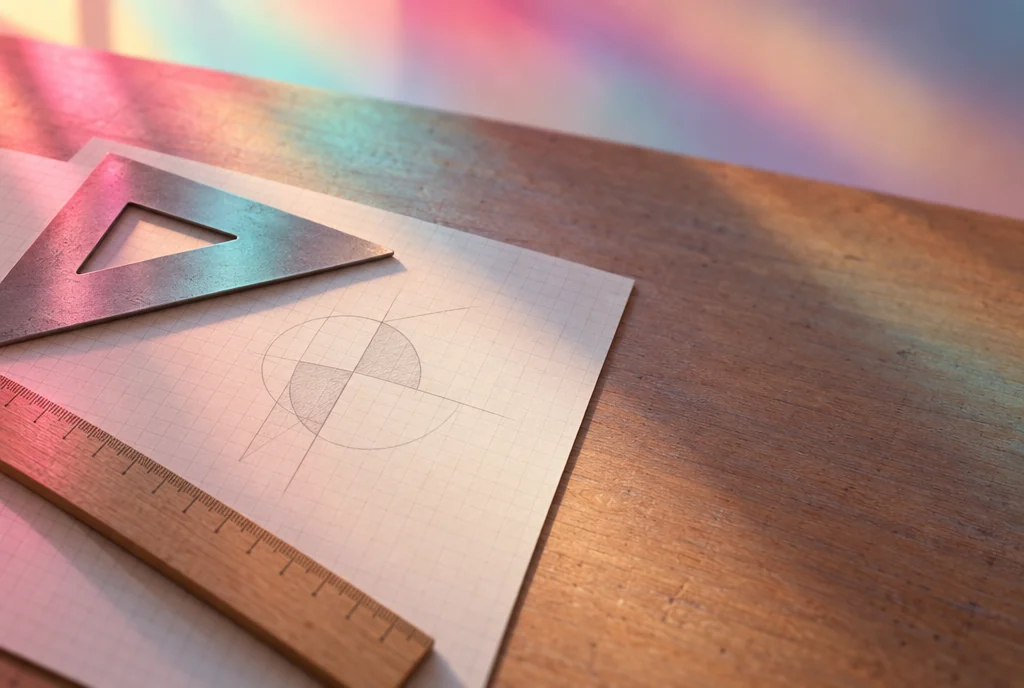 Una escuadra y una regla sobre papel cuadriculado, con una forma abstracta a lápiz