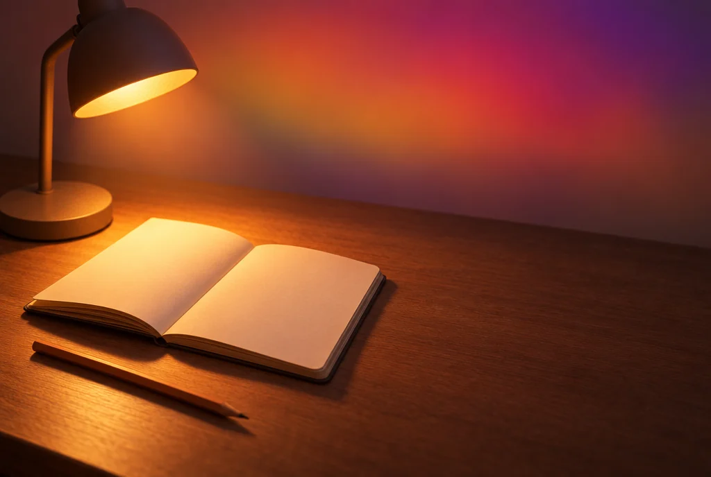 Una lámpara de escritorio encendida sobre un cuaderno abierto y un lápiz, de noche