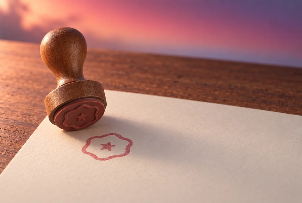 Un sello de madera junto a su marca estampada: una estrella dentro de un círculo