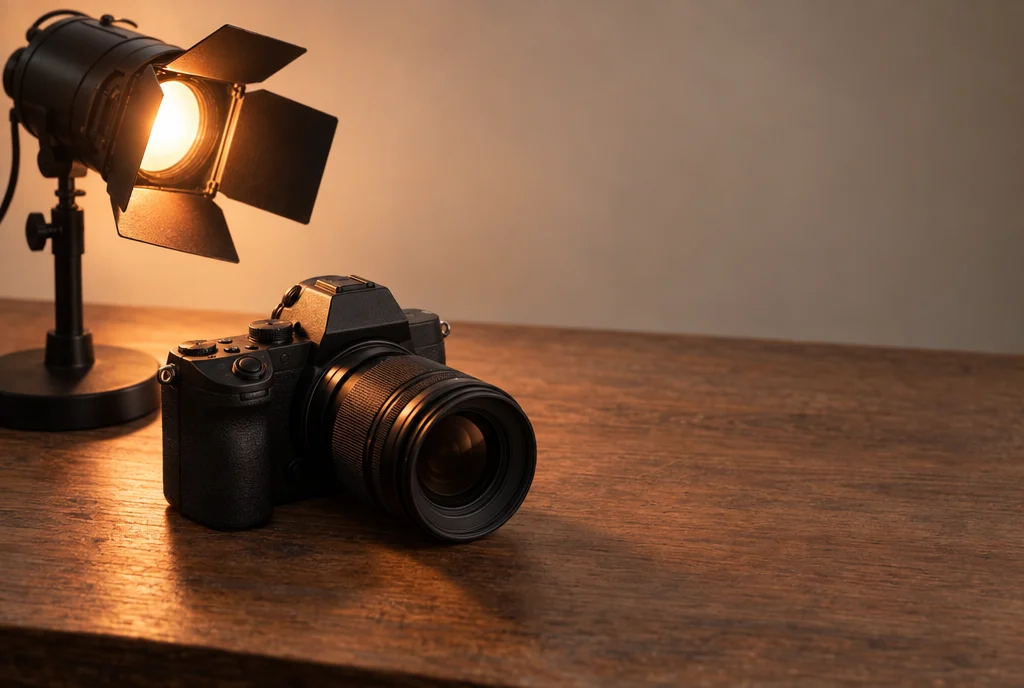 Una cámara fotográfica sobre una mesa de madera, con una luz de estudio al lado